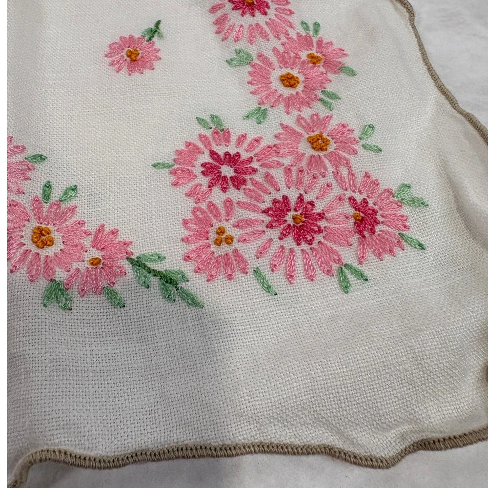 Vintage Hand Embroidered Floral Table Runner Pink Scalloped Edge 38 Inch Cream